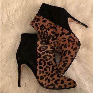 Leopard mohair and black suede stiletto booties